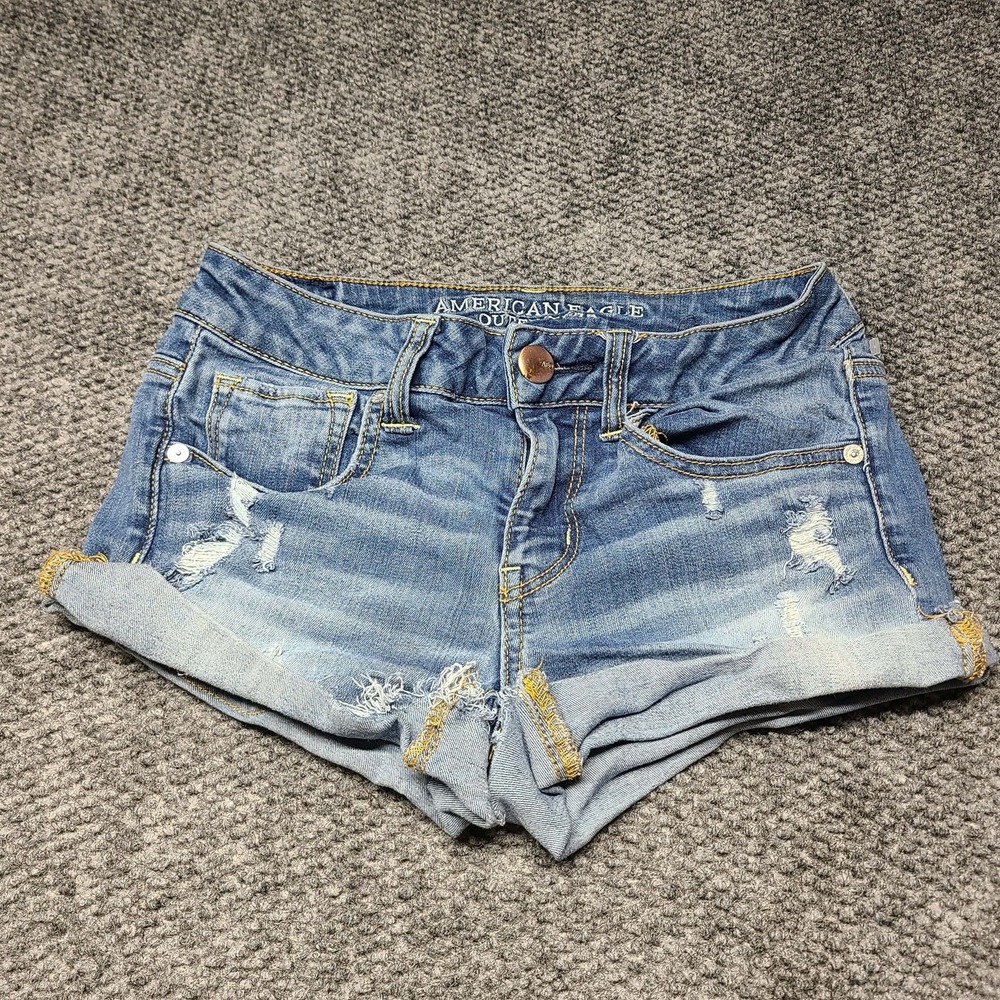 Y2k American Eagle Midi Shortie Distressed Cuffed Stretch Micro Shorts Sz 4 - Picture 4 of 16